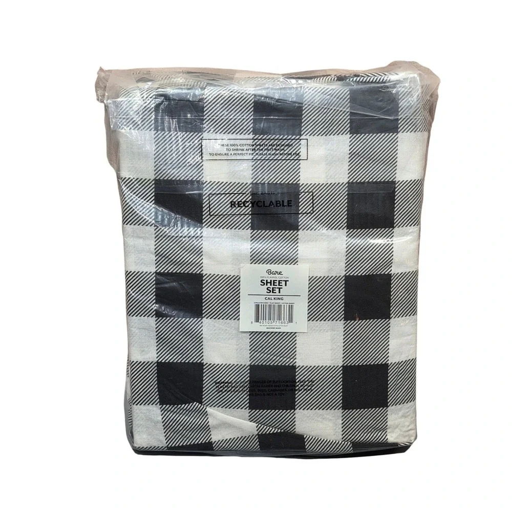 Bare Home Cal King Flannel Sheet Set Black White Buffalo Plaid 100% Cotton 4pc